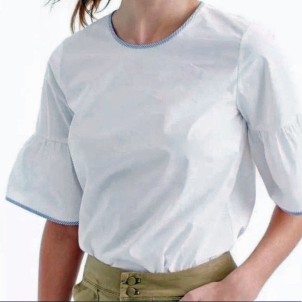 SALE J Crew Buttonback Tipped Bell Sleeve Crisp 100% Cotton White Blouse Sz 6